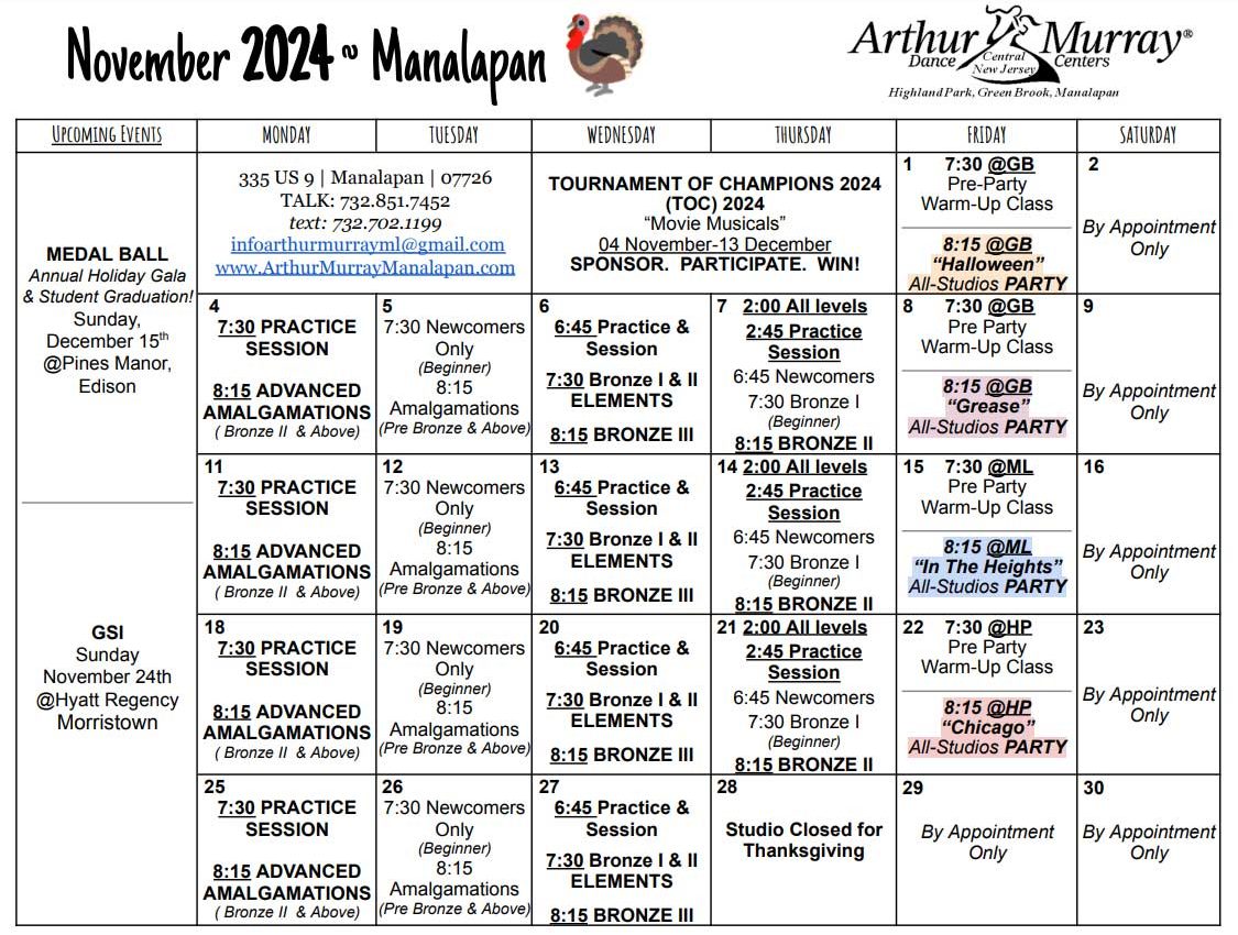 Arthur Murray Manalapan November 2024 Calendar